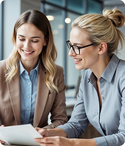 Two professionals reviewing ideas together on a tablet